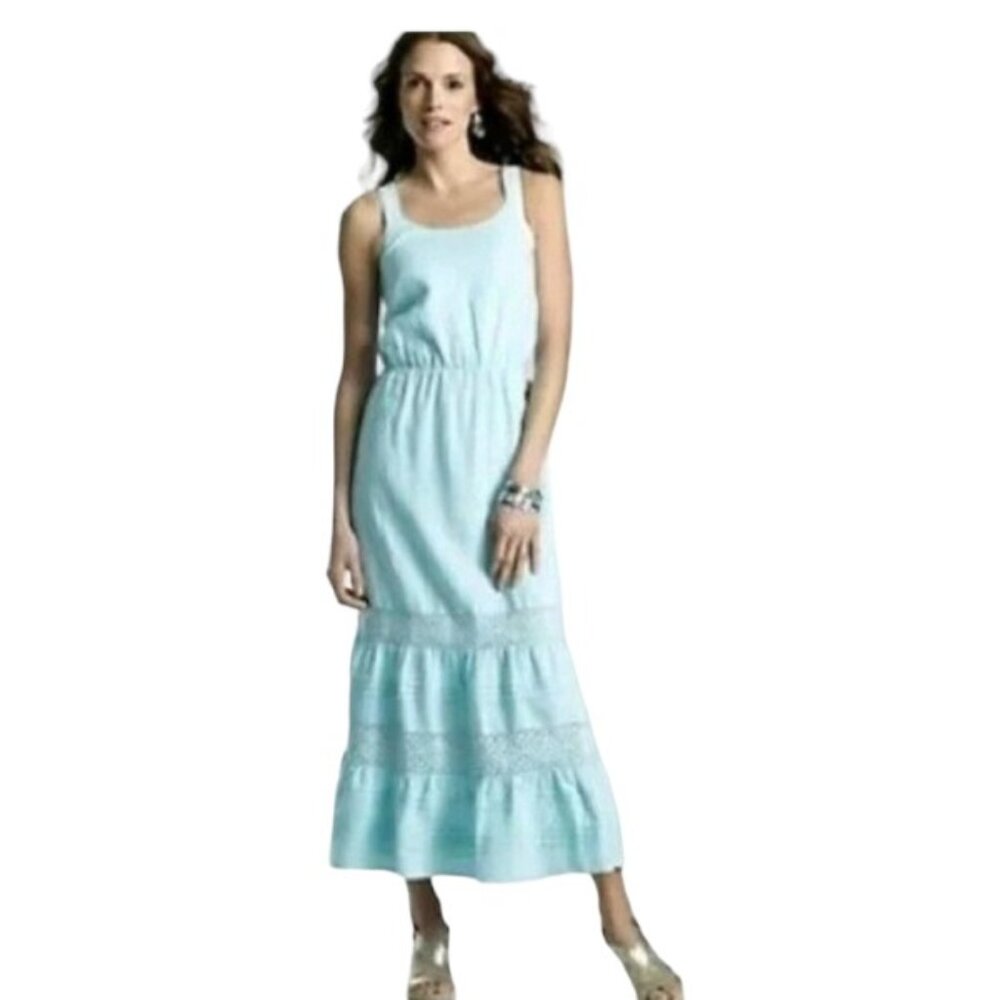 J Jill Sky Blue Linen Crochet Panel Lined Sleeveless Boho Sundress